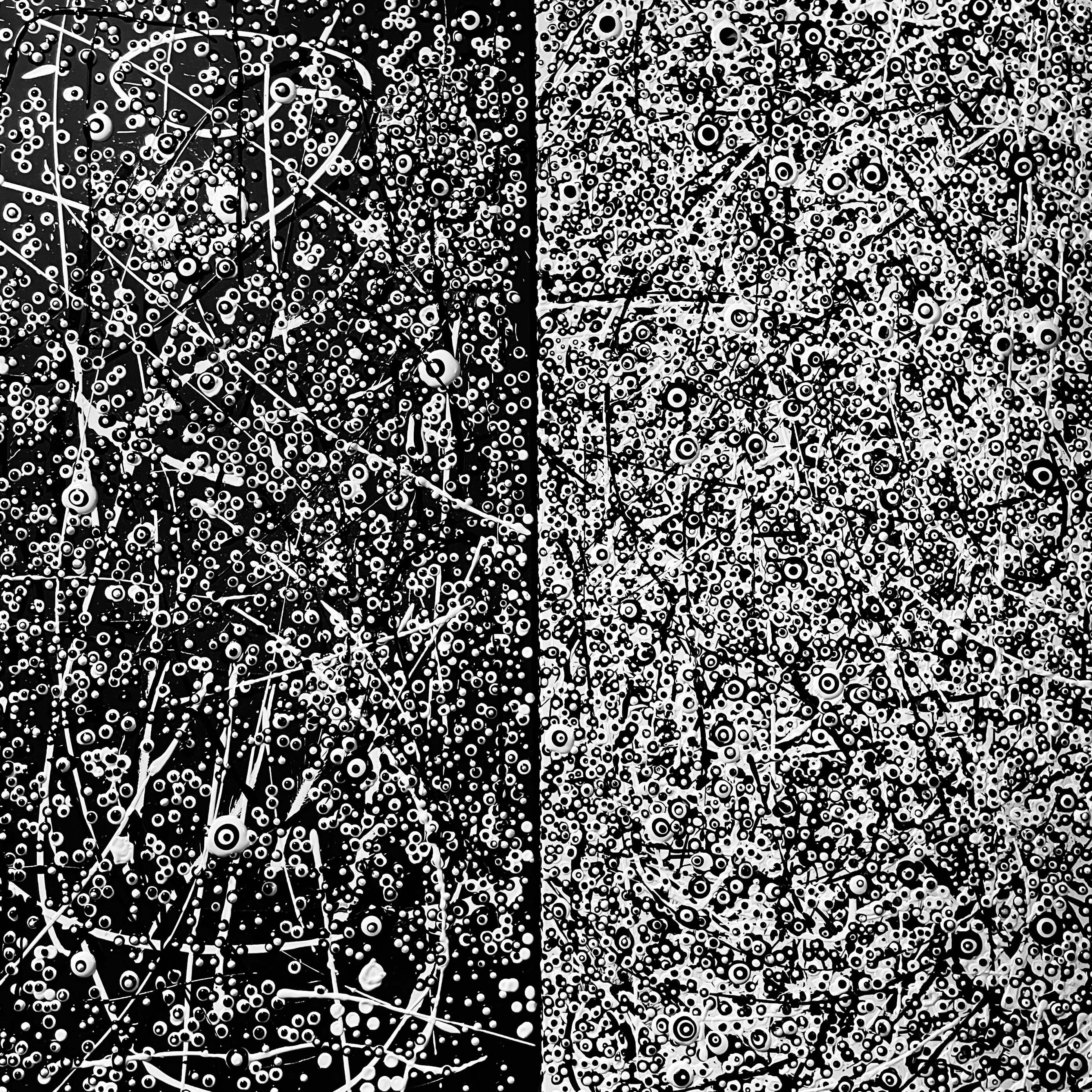 Abstract diptych painting with circles and marks