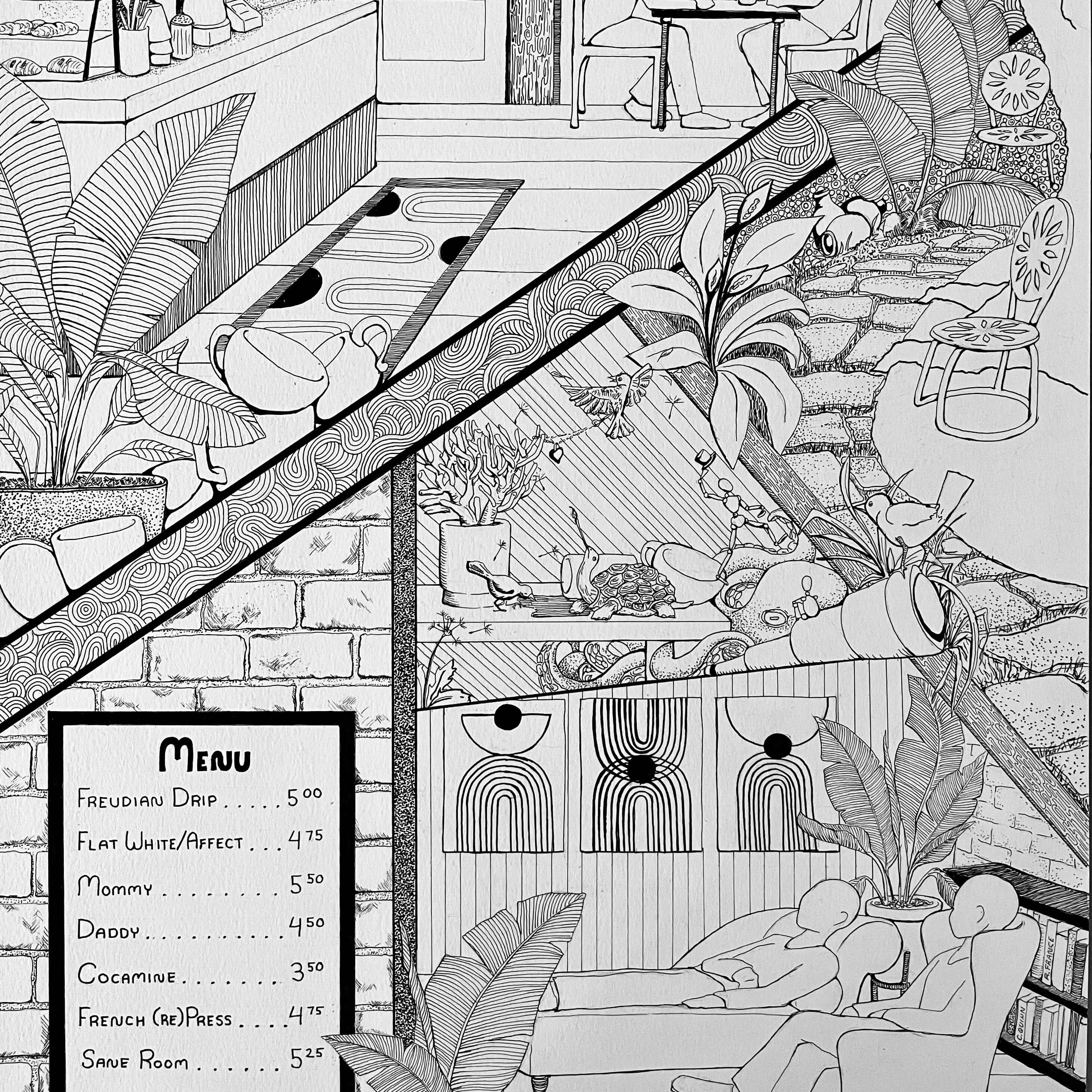 Detailed ink drawing of a cafe interior