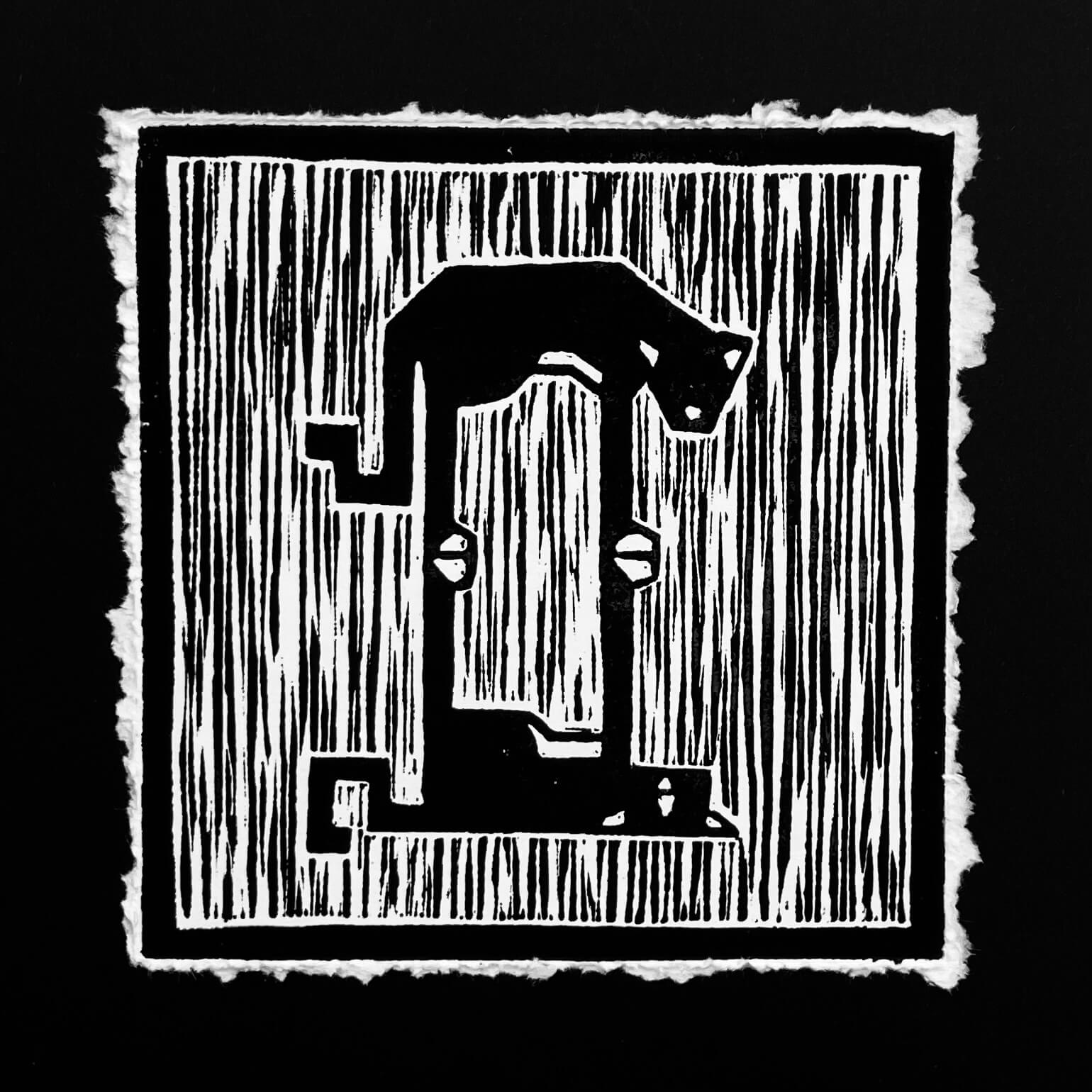 Linocut print of a cat on a radiator
